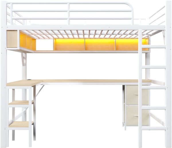 Merax Kinderbett Hochbett aus Metall für Gaming (140 x 200 cm) mit Bücherregal, Schreibtisch, Schrank , USB und LED-Beleuchtung, Weiß Bild 9