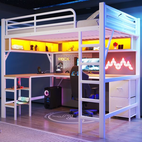 Merax Kinderbett Hochbett aus Metall für Gaming (140 x 200 cm) mit Bücherregal, Schreibtisch, Schrank , USB und LED-Beleuchtung, Weiß