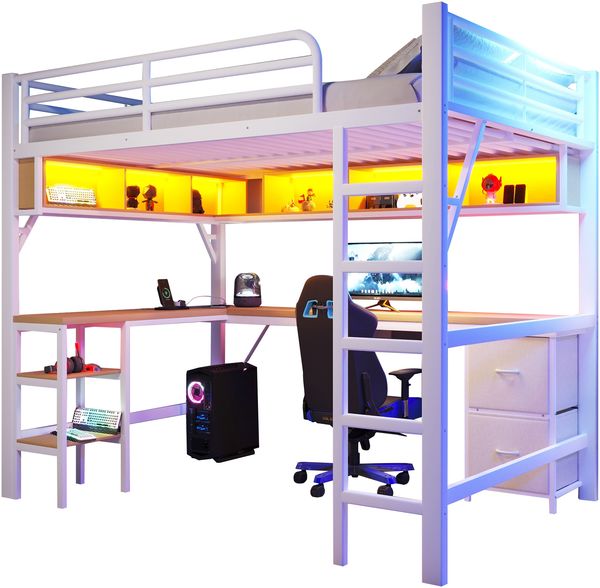 Merax Kinderbett Hochbett aus Metall für Gaming (140 x 200 cm) mit Bücherregal, Schreibtisch, Schrank , USB und LED-Beleuchtung, Weiß Bild 10