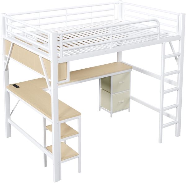 Merax Kinderbett Hochbett aus Metall für Gaming (140 x 200 cm) mit Bücherregal, Schreibtisch, Schrank , USB und LED-Beleuchtung, Weiß Bild 8