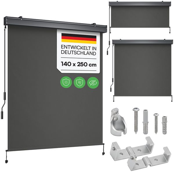 STEELSØN 'Azurian' Senkrechtmarkise 140x250 cm, anthrazit, wetterfest und UV-beständig, Außenrollo mit Kassette, Markise für Außen- und Innenbereich geeignet