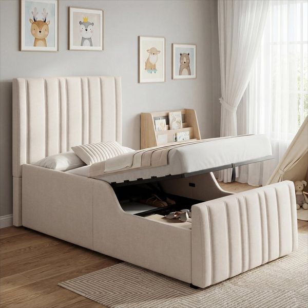 Odikalo Polsterbett Kinderbett Einzelbett 90x200 mit Bettkasten (Hydraulisches Funktionsbett Bett mit Lattenrost Kopfteil und großem Stauraum gepolstertes Kopfteil)