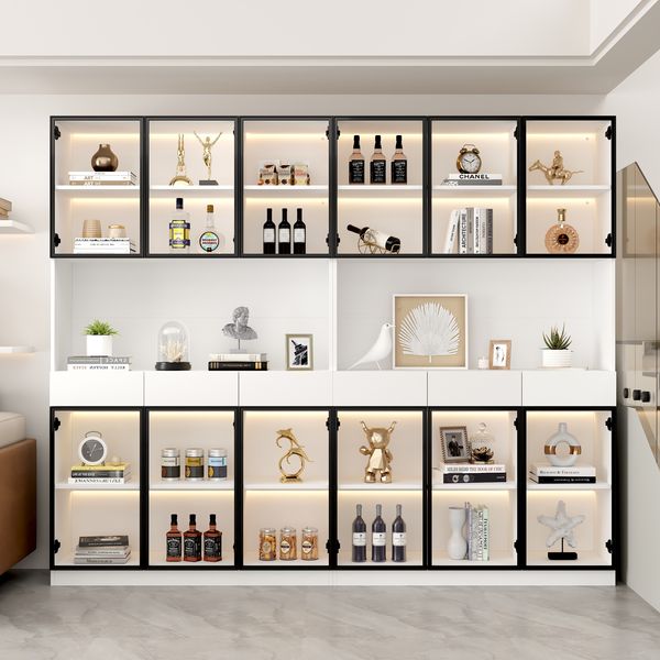 Merax 200cm Weißer Vitrinenschrank*2, mit LED Lichtern, Multi Storage Bücherregal für Sammlung Schlafzimmer Wohnzimmer Büro, Weiß - Schwarzer Türrahmen