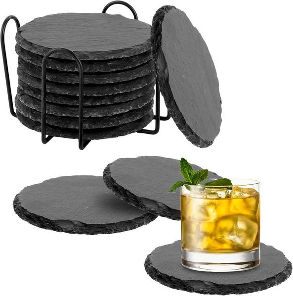 Refined Living Getränkeuntersetzer 12 Stück Schiefer Untersetzer Rund mit Metallhalter, rutschfest, 10 cm, Untersetzer Set, Tischschutz, Getränkeuntersetzer Schwarz 10 cm aus Naturschiefer, Glasuntersetzer mit 3 Schutzpads, Rutschfest & Kratzfest, Unte...