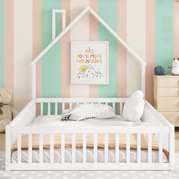 Bett 140x200 cm im Schornstein-Design mit Lattenrost und Sicherheitsgitter, aus Kiefernholz, Weiß
