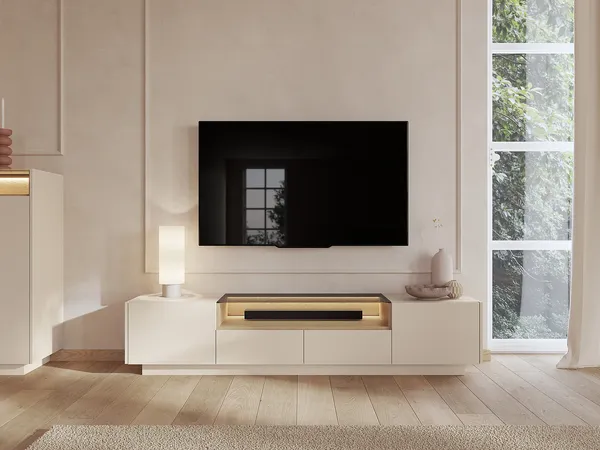 Vente-unique - ALIVENTO TV unit GlasHolz, Platte BeigeBeige - B 39,5 cm x H 43,4 cm x L 203 cm