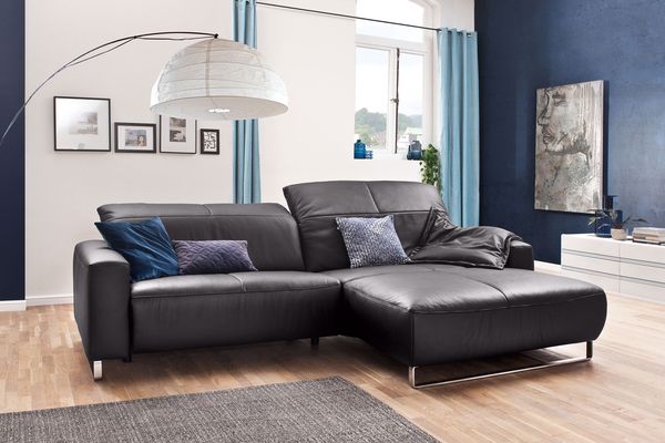 KAWOLA Sofa YORK Leder Life-line mocca Recamiere rechts Fuß Metall Chrom matt 85 x 180 x 284 cm