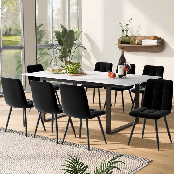 Esstischgruppe H 75 x T 80 x B 140/180 cm, ausziehbar, MDF in Weiß mit 8 gepolsterten Stühlen