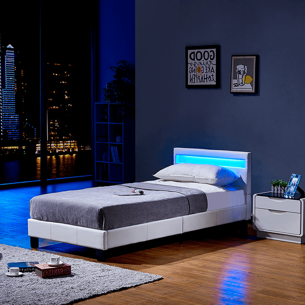 Home Deluxe 'Astro' Polsterbett mit LED-Beleuchtung und Matratze, Kunstleder, Weiß, 90x200 cm