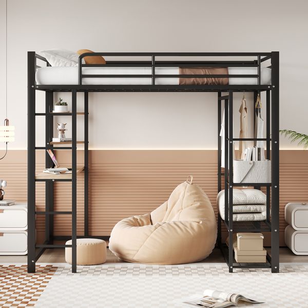 Hochbett 140x200 cm aus Metall mit Schreibtisch, Regalfächern und Kleiderstange, Schwarz, ohne Matratze