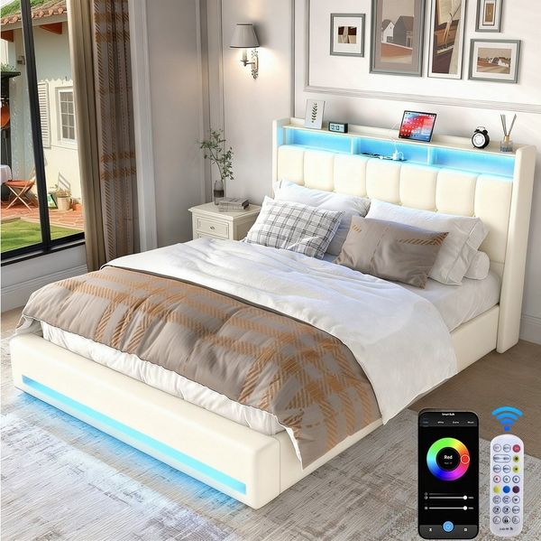 oyajia Polsterbett Doppelbett mit LED Licht 140x200cm,Hydraulisch anhebbarer Stauraumbett (Mit Lattenrost und Ladefunktion, Leinenmaterial Polsterbettt), Modernes Jugendbett, Leises Design Bett, Max. Belastbarkeit 350 kg