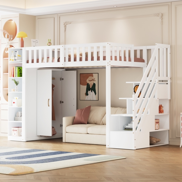 Hochbett, multifunktional mit Regalen Stauschrank großem Kleiderschrank Sicherheitsleiter mit Ablagefächern, Holzwerkstoff, Weiß, 90 x 200 cm