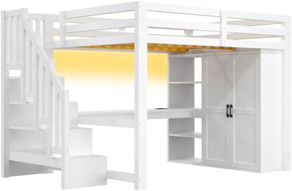 Merax Kinderbett 140x200 cm Hochbett, mit Schreibtisch und Regal, Kleiderschrank, Stauraumtreppe, USB und LED-Leuchten, Weiß Bild 9