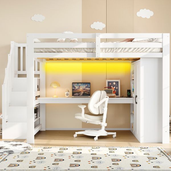 Merax Kinderbett 140x200 cm Hochbett, mit Schreibtisch und Regal, Kleiderschrank, Stauraumtreppe, USB und LED-Leuchten, Weiß