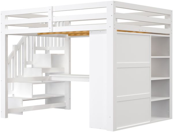 Merax Kinderbett 140x200 cm Hochbett, mit Schreibtisch und Regal, Kleiderschrank, Stauraumtreppe, USB und LED-Leuchten, Weiß Bild 7