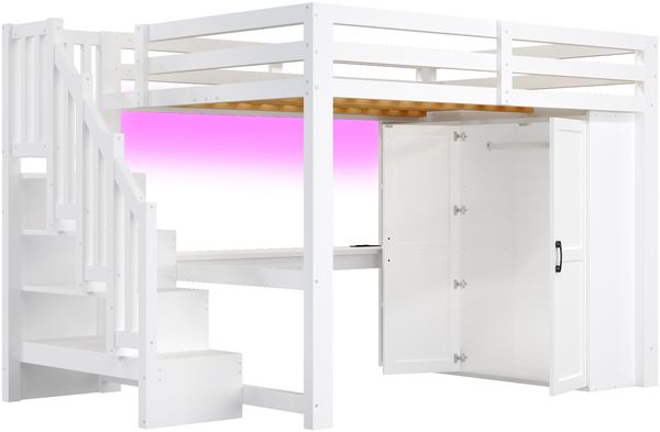 Merax Kinderbett 140x200 cm Hochbett, mit Schreibtisch und Regal, Kleiderschrank, Stauraumtreppe, USB und LED-Leuchten, Weiß Bild 8