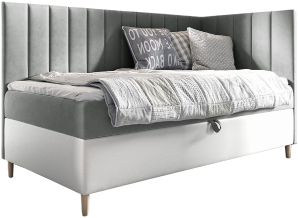 MEBLINI Kinderbett mit Bettkasten MAYA 3 90x200 Rechts – H3/Grau Samt Gepolstert Einzelbett mit Matratze - Polsterbett mit Stauraum - Bett mit Kopfteil – Stauraumbett