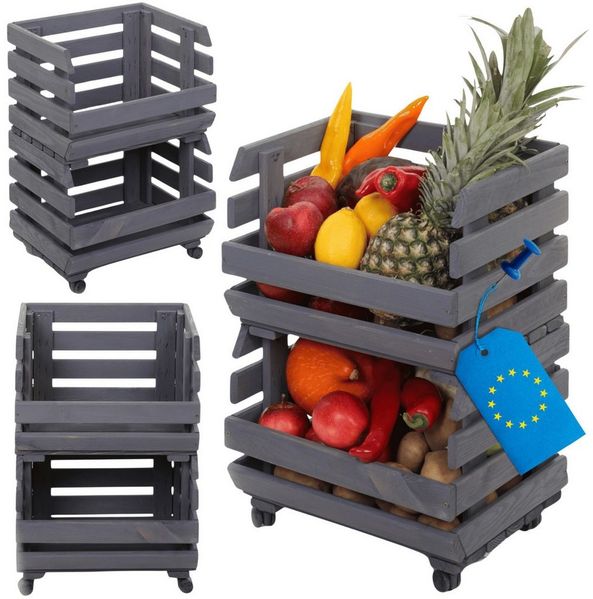 Modo24 Küchenregal Modular Holzregal für Gemüse Obst auf Rollen, Stapelbares Regalsystem, Kartoffelsteige, Küchenregal, Vorratsregal, Gemüseregal, 3 Farben
