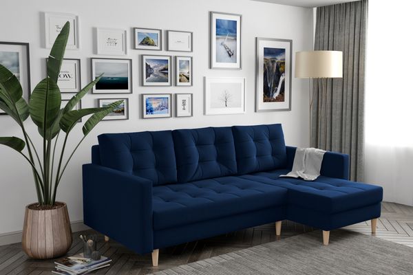 AX LIVING Kleine Couch L Form Nesbit 224cm Blau mit Schlaffunktion&Bettkasten