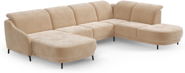 CAVADORE Wohnlandschaft Blue/Sofalandschaft mit Longchair im modernen Design, Inkl. Kopfteilverstellung, Vorziehsitz motorisch und mattschwarzen Metallfüßen / 356 x 93 x 249 / Mikrofaser, Hellbraun