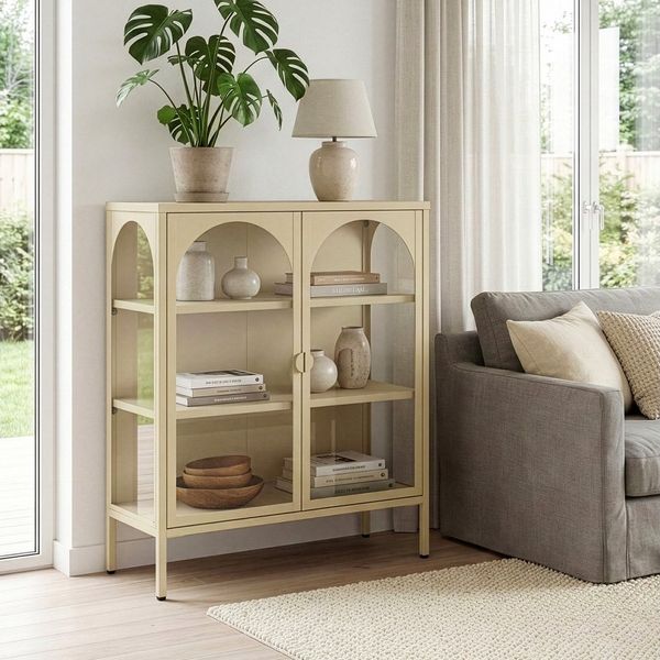 en. casa Standvitrine »Klippestad« mit 2 Türen Stahl 95 x 80 x 35 cm Kamelfarben