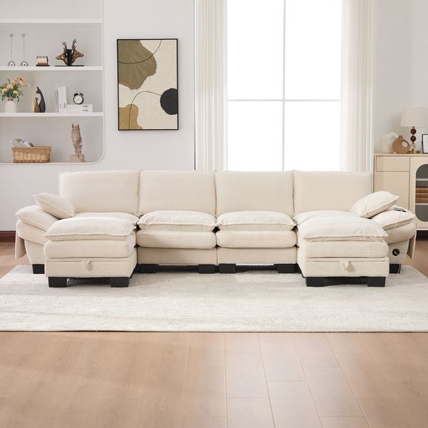 4-Sitzer Sofa B 330 x T 132 x H 84 cm aus Cord mit 2 Hockern, modular & mit USB-C