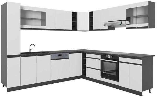 Eckküche R-Line Weiß 257 x 46 cm J-Shape, ohne Arbeitsplatte Vicco