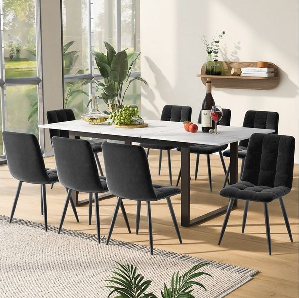 OKWISH Esstisch Essgruppe,Esstisch mit Stühlen Set, Moderner Küchentisch Set (Essgruppe Set (140/180x80x75 cm) – Moderner Ausziehtisch mit 8 Samt-Stühlen, Weiße MDF-Tischplatte, Schwarze Metallbeine, Flexibel & Robust, Ideal für Esszimmer & Küche, Für ...