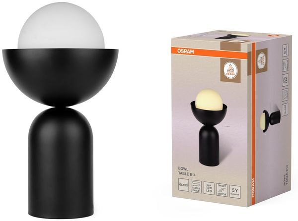 Osram Decor Bowl Tischleuchte E14 Schwarz 200mm, Tischlampe, Metall, Glas, für elegante Raumgestaltung
