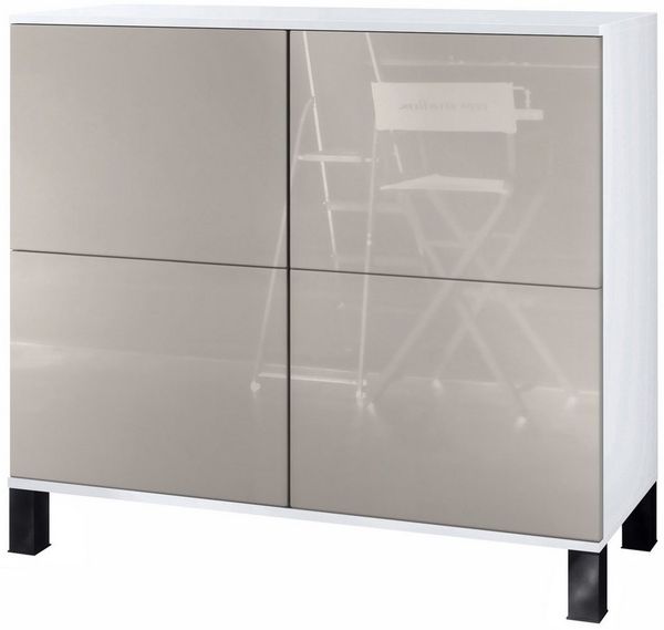 Vladon Kommode Rova V2 (Moderner Küchenschrank, mit 4 Push-to-Open Türen), Weiß matt / Sandgrau Hochglanz (92,5 x 84.5 x 35)