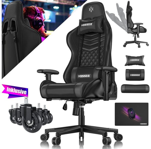 KESSER® Gaming Stuhl Ergonomisch Bürostuhl mit Kopfstütze & Lendenkissen | Racing Gamer Stuhl 150kg belastbar | Armlehne 360° | Drehbarer Schreibtischstuhl Gaming Chair + Gummi-Rollen Schwarz / Schwarz
