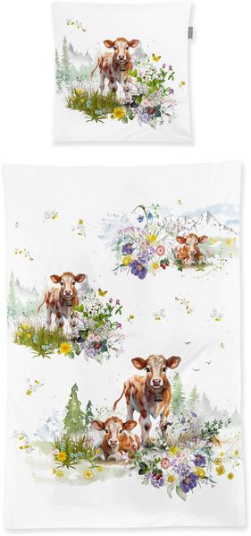 Irisette Wave Mako-Satin Bettwäsche 155x220 Kühe Blumen Wiesen Sommer 8767-90