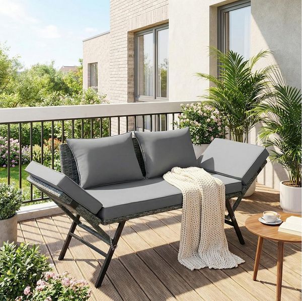 TLGREEN Gartenbank mit Liegefunktion, Wetterfest UV-beständig Rattan Gartensofa (2 Personen Einfache Umwandlung, Polyrattan Sitz-Liege 2-Sitzer Abnehmbare Kissenbezüge), Grau/Beige – Platzsparend & Stabil