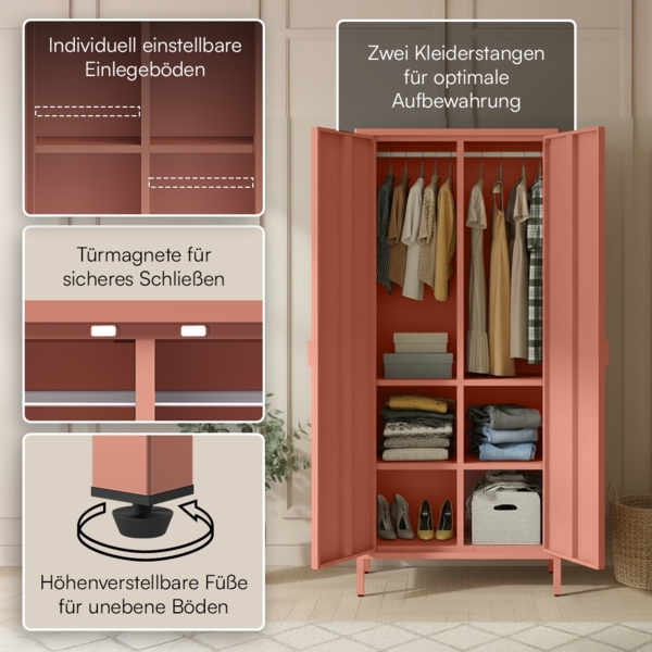 skølm 'Ituri' Kleiderschrank, Metall, 170x45x80 cm, terrakotta, Garderobe mit 4 Fächern und 2 Kleiderstangen Bild 3