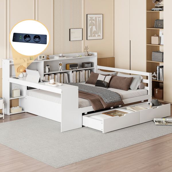 Multifunktionales Massivholz-Schlafsofa 140x200 cm mit Schreibtisch, Regalen, Schubladen, USB-Anschluss,Weiß