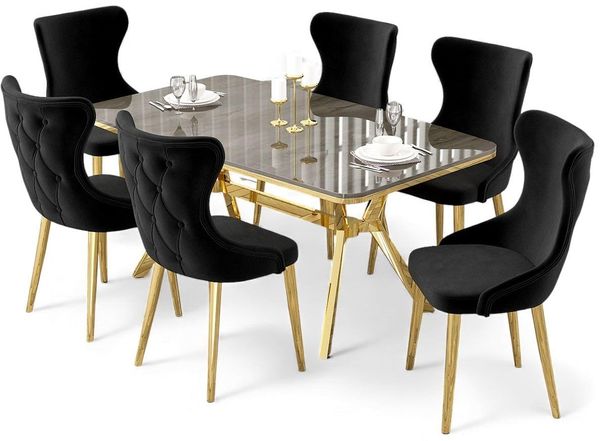 Modernes, ausziehbares Esszimmer-Set (7-teilig) – 100% lackierte Platte, Metallbeine, Anthrazit & Gold | Stilvoll & funktional