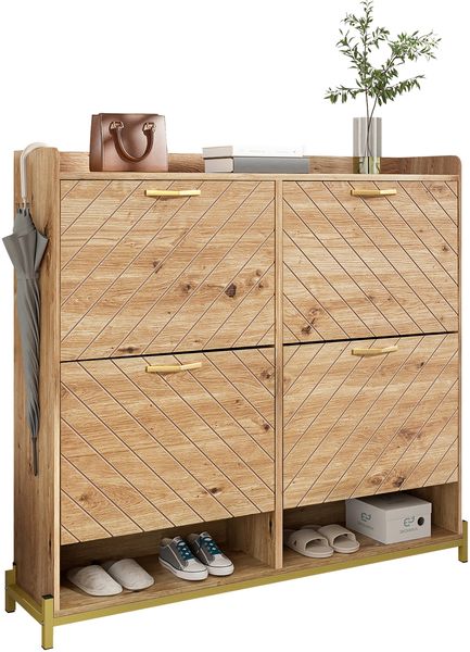 Schuhschrank 108,5 x 24 x 100 cm aus MDF in Holzoptik, mit 4 Klapptüren & Metallfüßen Bild 4