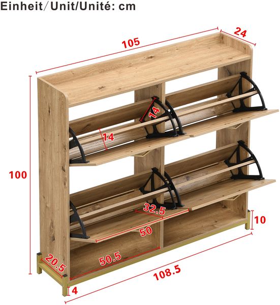 Schuhschrank 108,5 x 24 x 100 cm aus MDF in Holzoptik, mit 4 Klapptüren & Metallfüßen Bild 3