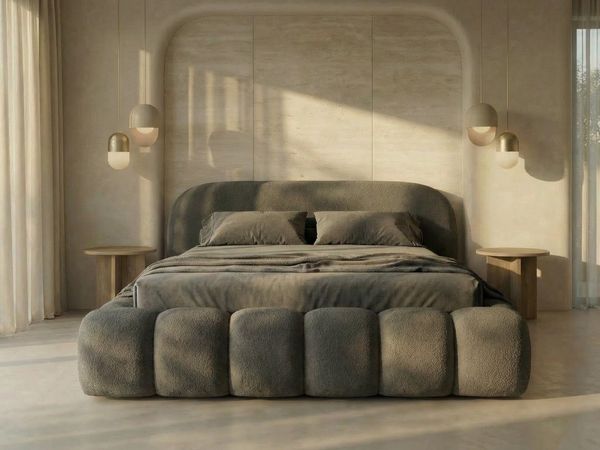 yourhouse24 Polsterbett Orlando Slim Bouclé kompaktes Wolkenbett mit Bettkasten, Bubble-Optik & Japandi