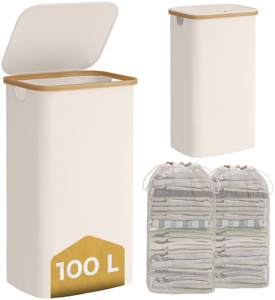 Bellamio 'Tolt' Wäschesammler aus Stoff mit Bambus, mit Deckel, 100L, zwei Fächer, mit herausnehmbaren und waschbarem Wäschesack, zusammenklappbar, beige