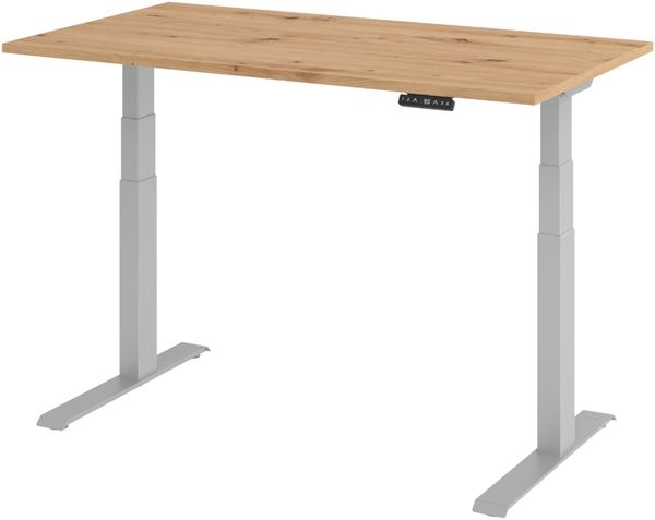 bümö elektrisch höhenverstellbarer Schreibtisch 140x80 cm in Asteiche, Gestell silber mit Memory-Steuerung, elektrischer Bürotisch höhenverstellbar Gaming Tisch, XDKB14-R-S