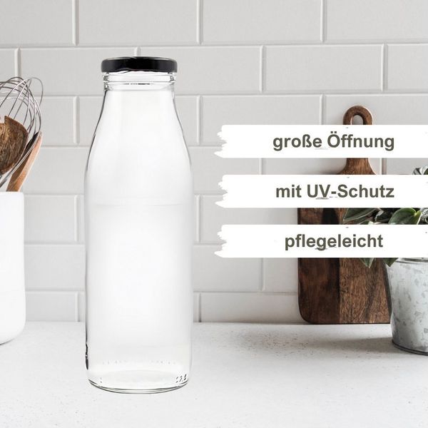 mikken Trinkflasche 6 Milchflaschen 500 ml Glasflasche mit Deckel + Frischhaltedeckel, 0,5 Liter