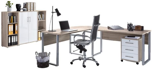 moebel-dich-auf Büromöbel-Set TABOR PRO Set 2, (Aktenschränke abschließbar, 5-tlg, Set 2 Winkelschreibtisch + Rollcontainer + Highboard + Aktenregale), Hochglanz lackierte Fronten, Metallgriffe