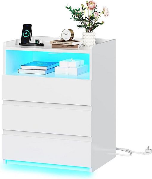 MSMASK Nachttisch mit 3 Schubladen, Steckdosenleiste und LED-Beleuchtung (1-St), Nachtschrank, Beistelltisch, 40x35x60cm