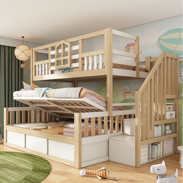 Flieks Etagenbett, Haus-Design Kinderbett 90x200 cm mit Hydraulik-Unterbett 140x200 cm
