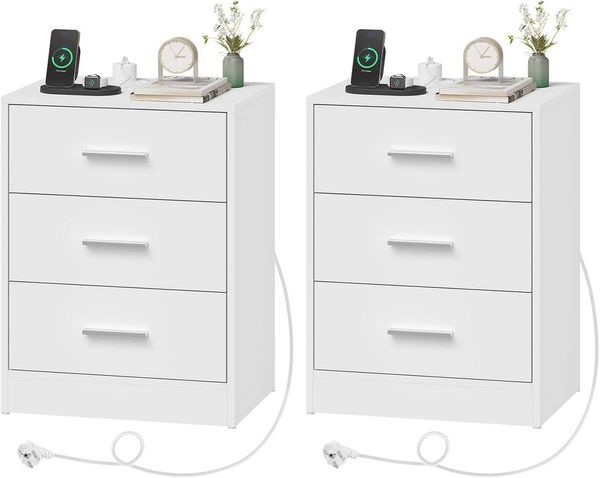 Woltu Nachttisch (2-St), mit Ladefunktion, Steckdose, 3 Schubladen, Modern