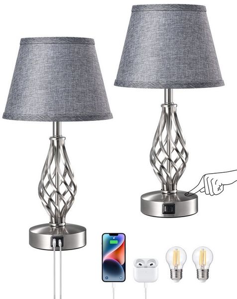 EDISHINE LED Nachttischlampe Touch Dimmbar 2er Set grau, LED wechselbar, Tischlampe mit Ladefunktion, 2 USB Anschlüsse, für Schlaffzimmer