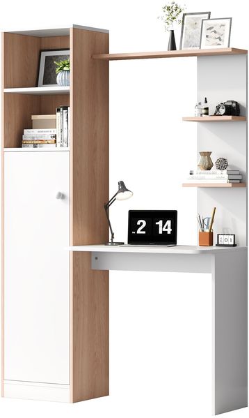 Schreibtisch mit Stauraum, Weiß-Natur Kontrast MDF Bürotisch 123,5x45x168,5cm mit geschlossenen Schrank & offenem Regal