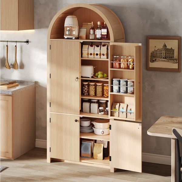 Flieks Hochschrank Bogenschrank mit verstellbarer Einlegeböden und Türregalen (180×80×40 cm, 1-St) Mehrzweckschrank Küchenschrank Highboard Holzoptik Natur