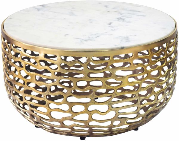 Design Metall Couchtisch Gold mit weißer Marmor Tischplatte 60 cm rund - Aluminium Wohnzimmertisch Modern - Loungetisch Alu Beistelltisch Wohnzimmer Handmade
